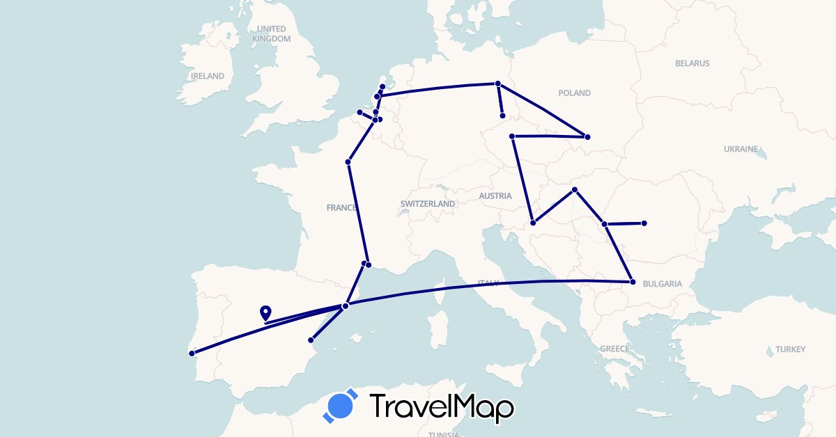 TravelMap itinerary: driving in Belgium, Bulgaria, Czech Republic, Germany, Spain, France, Croatia, Hungary, Netherlands, Poland, Portugal, Romania (Europe)